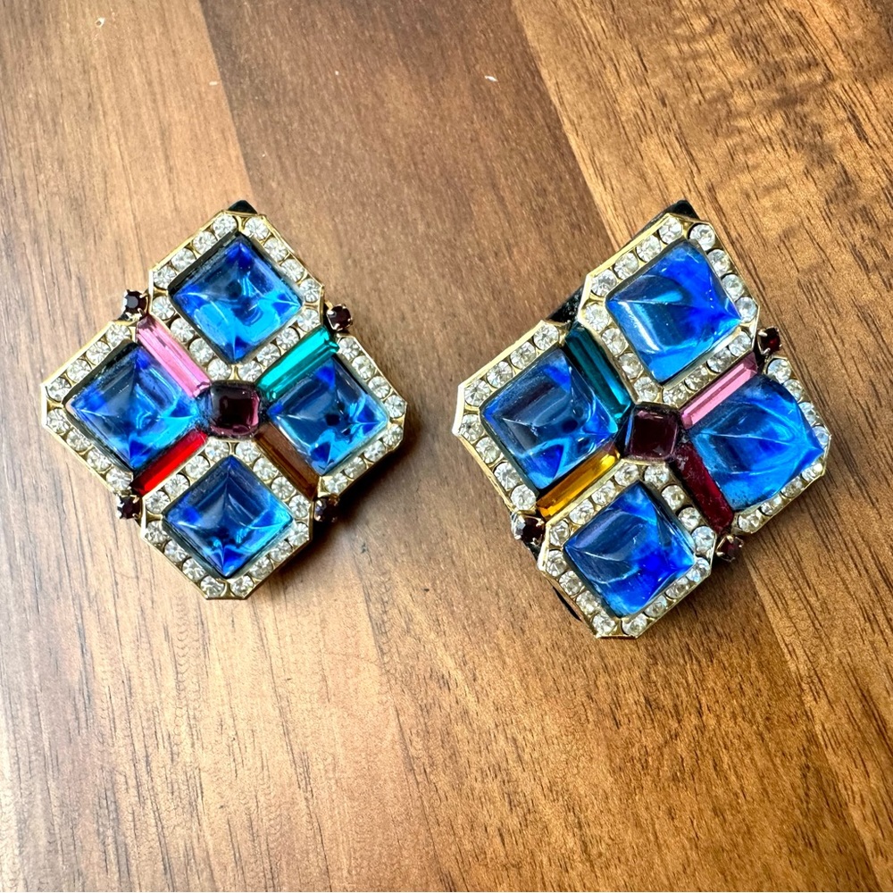 Vintage Hansen Designs Multi Color Gem Clip On Earrings - Picture 8 of 10